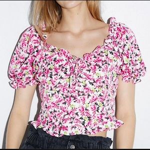 Zara Pink Floral Ruffle Cropped Blouse